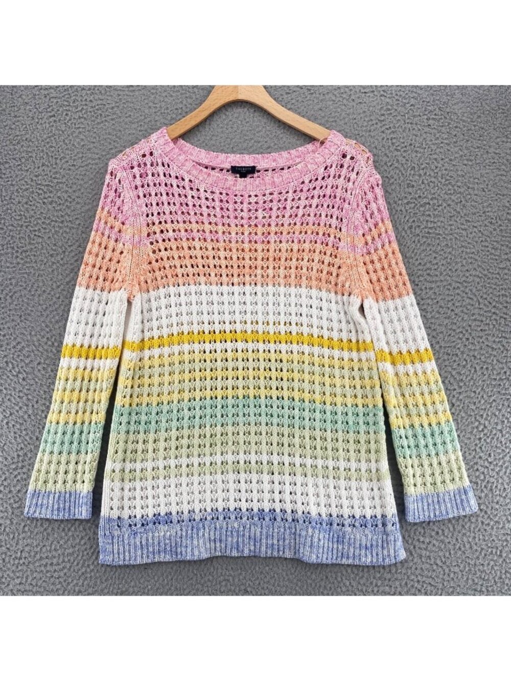 Talbots Sweater Womens Medium Petite Rainbow Striped Cotton Open Knit Boat Neck